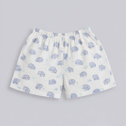 The Magic Wand Double Gauge Cotton Woven Half Sleeves Elephant Printed Coordinating Shirt And Shorts Night Suit - White