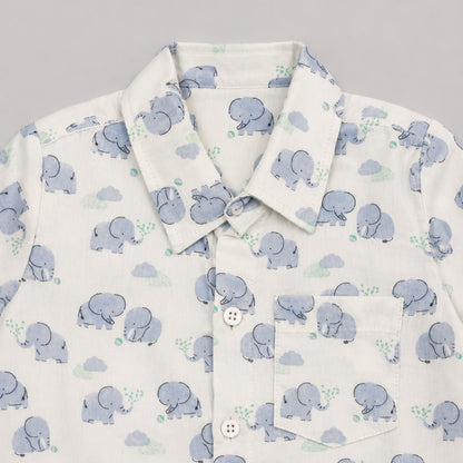 The Magic Wand Double Gauge Cotton Woven Half Sleeves Elephant Printed Coordinating Shirt And Shorts Night Suit - White
