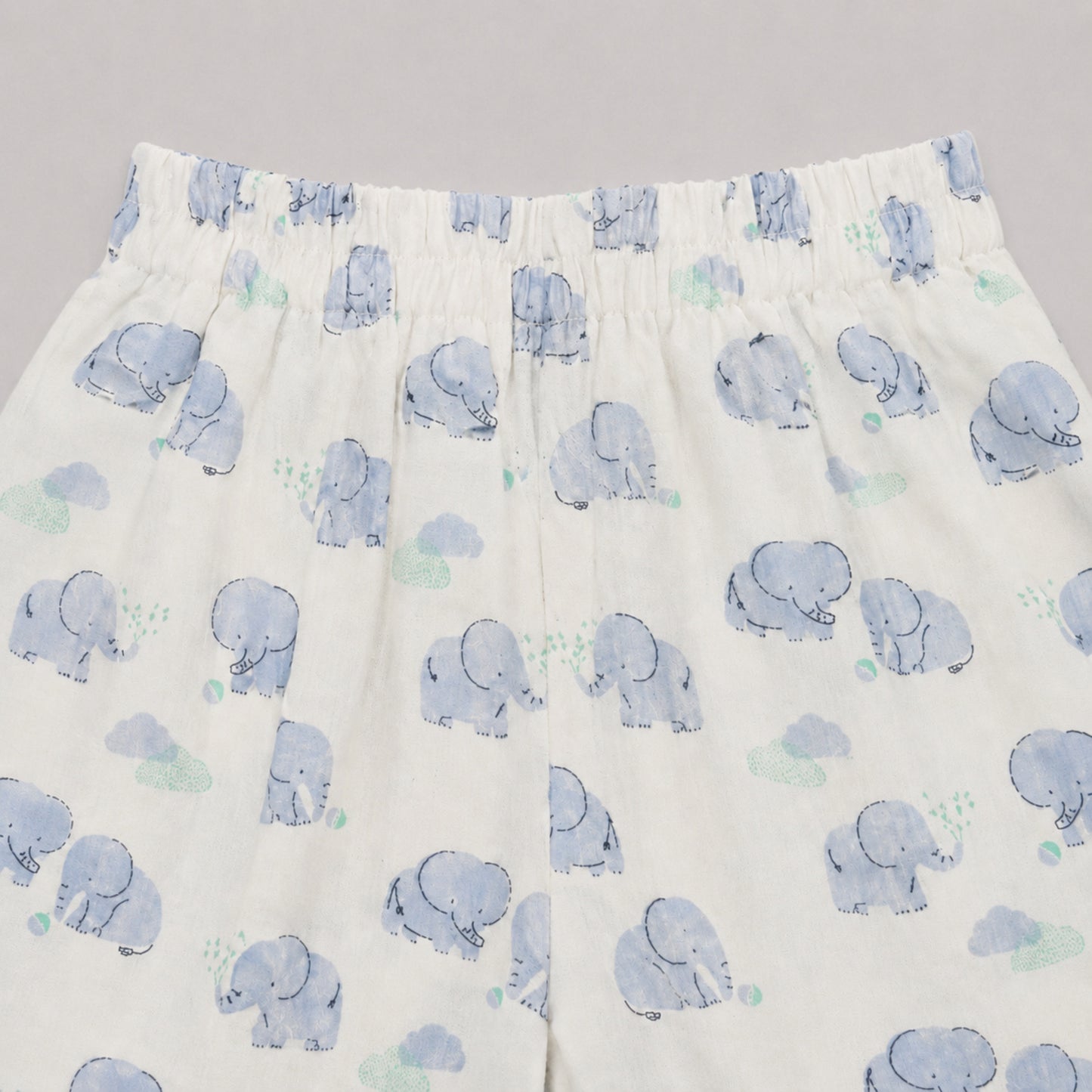 The Magic Wand Double Gauge Cotton Woven Half Sleeves Elephant Printed Coordinating Shirt And Shorts Night Suit - White