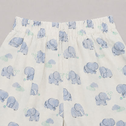 The Magic Wand Double Gauge Cotton Woven Half Sleeves Elephant Printed Coordinating Shirt And Shorts Night Suit - White