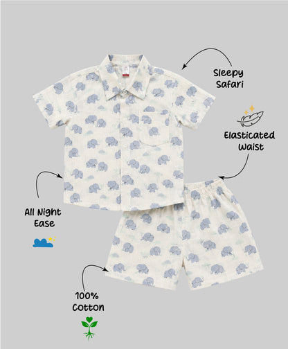 The Magic Wand Double Gauge Cotton Woven Half Sleeves Elephant Printed Coordinating Shirt And Shorts Night Suit - White