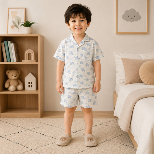 The Magic Wand Double Gauge Cotton Woven Half Sleeves Elephant Printed Coordinating Shirt And Shorts Night Suit - White