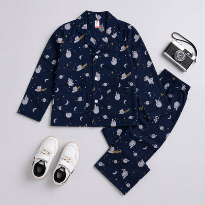The Magic Wand Cotton Woven Full Sleeves Space Themed Coordinating Shirt And Pant Night Suit - Navy Blue