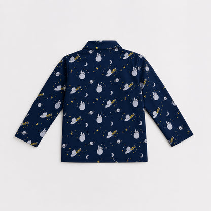 The Magic Wand Cotton Woven Full Sleeves Space Themed Coordinating Shirt And Pant Night Suit - Navy Blue