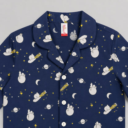 The Magic Wand Cotton Woven Full Sleeves Space Themed Coordinating Shirt And Pant Night Suit - Navy Blue