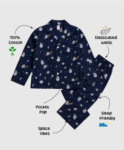 The Magic Wand Cotton Woven Full Sleeves Space Themed Coordinating Shirt And Pant Night Suit - Navy Blue