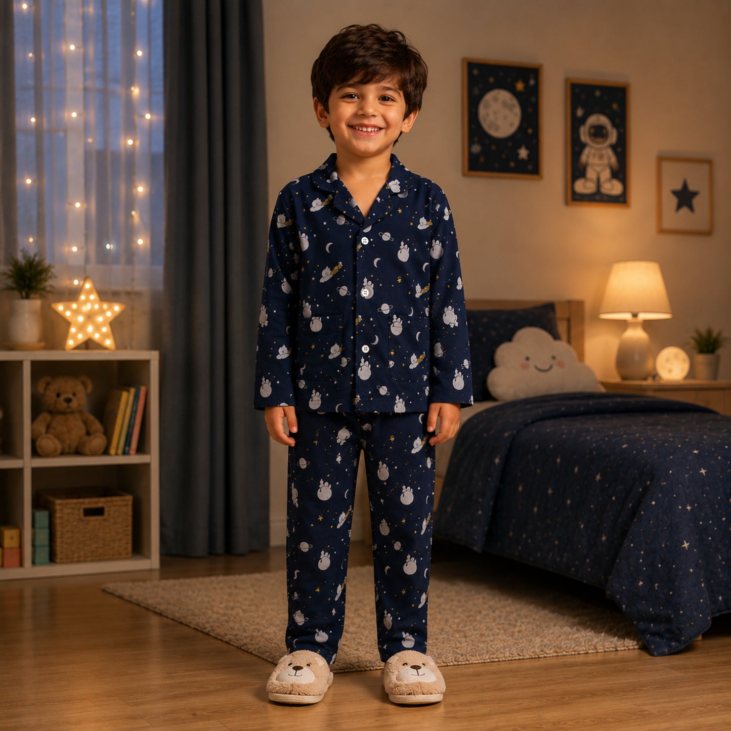 The Magic Wand Cotton Woven Full Sleeves Space Themed Coordinating Shirt And Pant Night Suit - Navy Blue