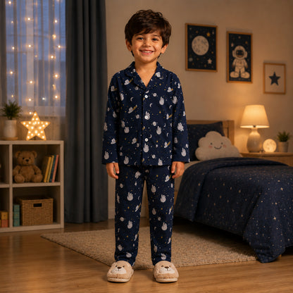 The Magic Wand Cotton Woven Full Sleeves Space Themed Coordinating Shirt And Pant Night Suit - Navy Blue