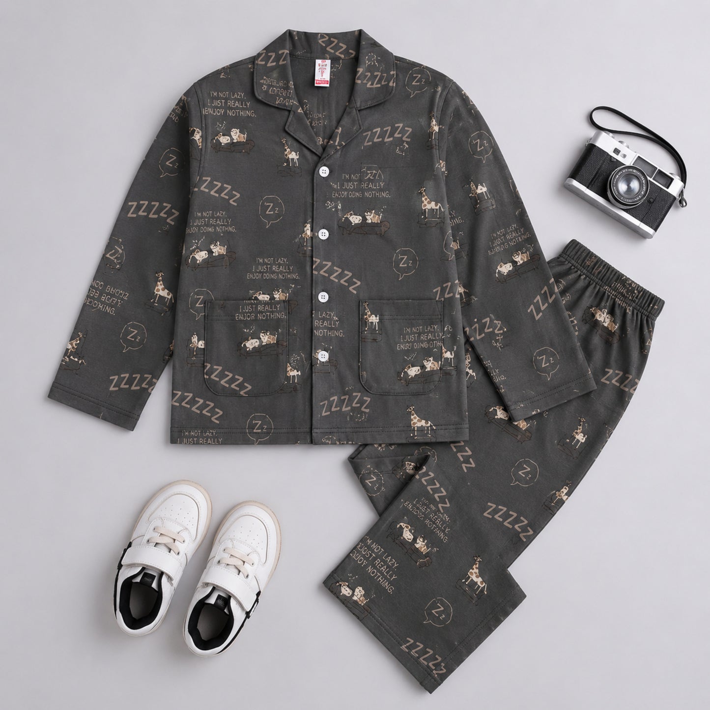 The Magic Wand Cotton Woven Full Sleeves Cartoon Printed Coordinating Shirt And Pant Night Suit - Grey