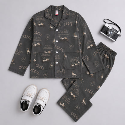 The Magic Wand Cotton Woven Full Sleeves Cartoon Printed Coordinating Shirt And Pant Night Suit - Grey
