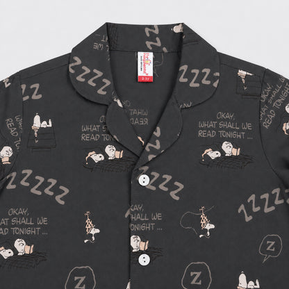 The Magic Wand Cotton Woven Full Sleeves Cartoon Printed Coordinating Shirt And Pant Night Suit - Grey