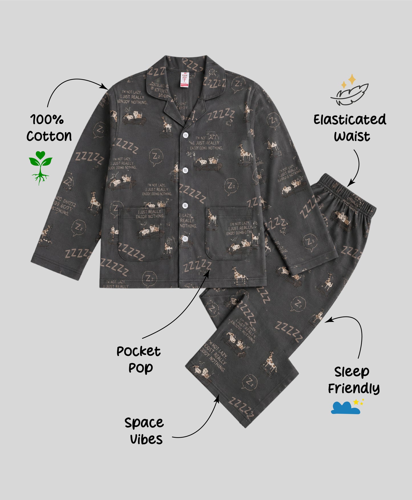 The Magic Wand Cotton Woven Full Sleeves Cartoon Printed Coordinating Shirt And Pant Night Suit - Grey