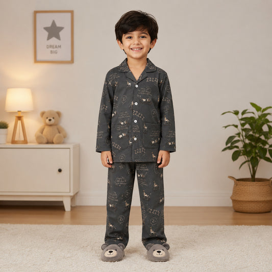 The Magic Wand Cotton Woven Full Sleeves Cartoon Printed Coordinating Shirt And Pant Night Suit - Grey