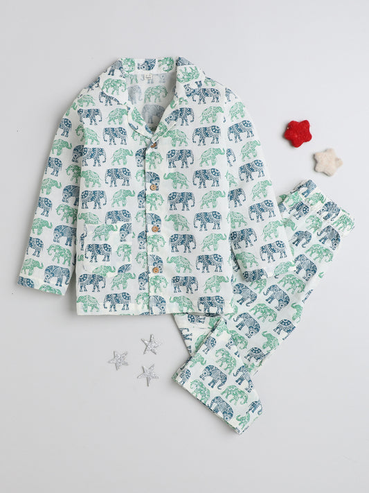 Full Sleeves Elephant Printed Cotton Lounge Wear Night Suit Set For Kids Blue