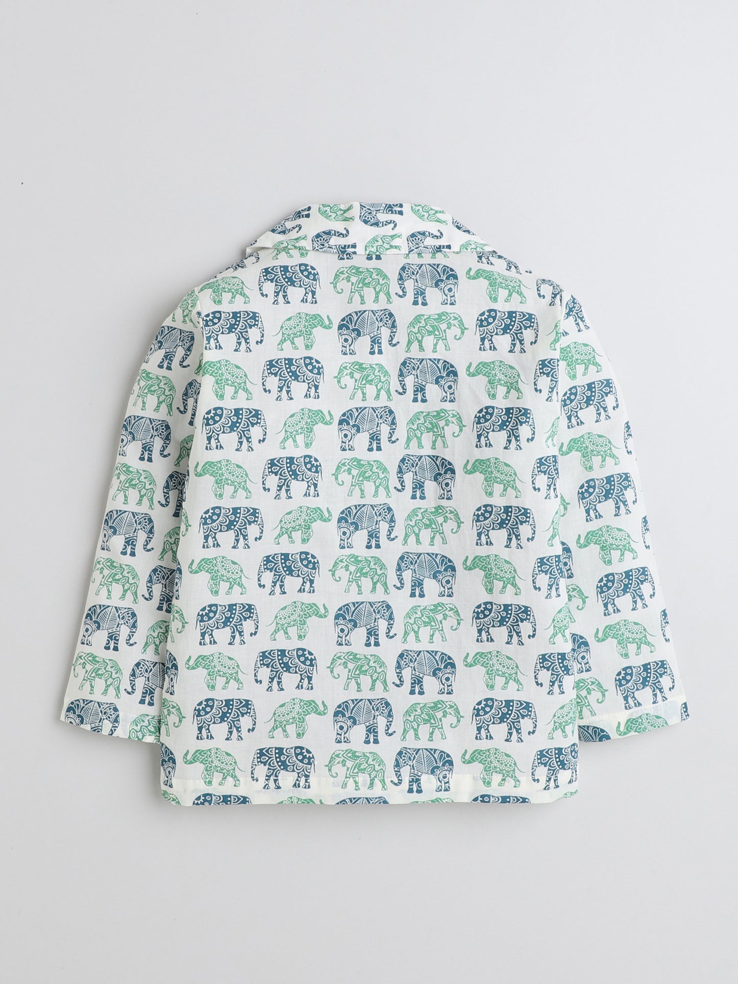 Full Sleeves Elephant Printed Cotton Lounge Wear Night Suit Set For Kids Blue
