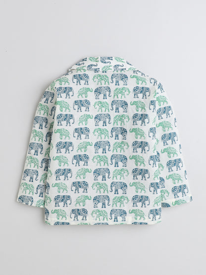 Full Sleeves Elephant Printed Cotton Lounge Wear Night Suit Set For Kids Blue