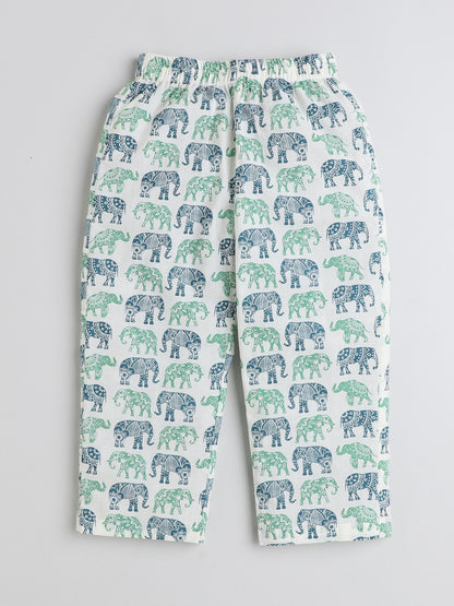 Full Sleeves Elephant Printed Cotton Lounge Wear Night Suit Set For Kids Blue
