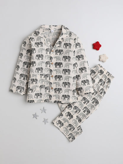 The Magic Wand Full Sleeves Elephant Printed Cotton Lounge Wear Night Suit Set For Kids Beige