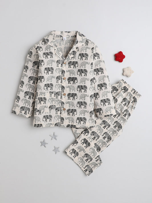 The Magic Wand Full Sleeves Elephant Printed Cotton Lounge Wear Night Suit Set For Kids Beige