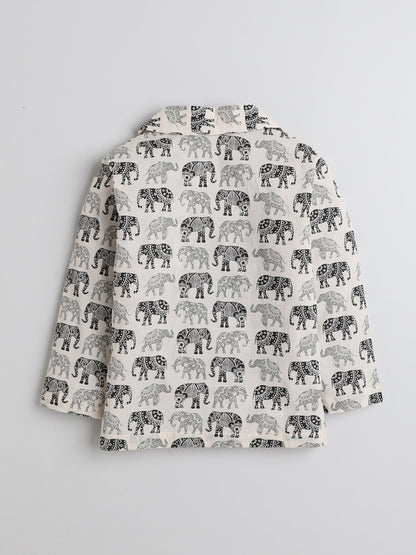The Magic Wand Full Sleeves Elephant Printed Cotton Lounge Wear Night Suit Set For Kids Beige