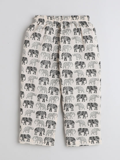 The Magic Wand Full Sleeves Elephant Printed Cotton Lounge Wear Night Suit Set For Kids Beige