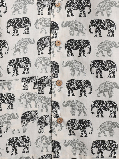 The Magic Wand Full Sleeves Elephant Printed Cotton Lounge Wear Night Suit Set For Kids Beige