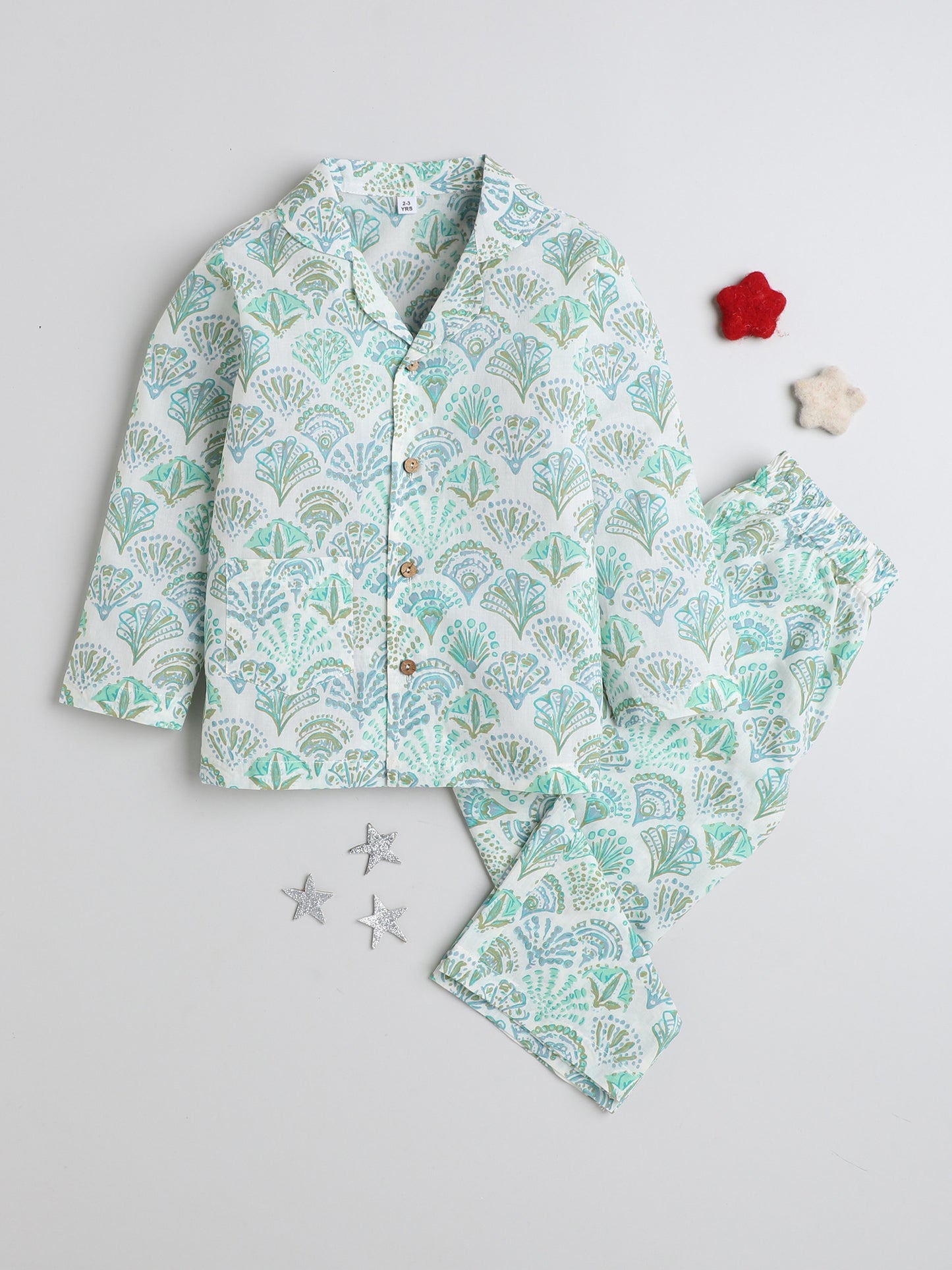 Full Sleeves Leaf Printed Cotton Lounge Wear Night Suit Set For Kids Blue