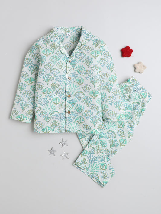Full Sleeves Leaf Printed Cotton Lounge Wear Night Suit Set For Kids Blue