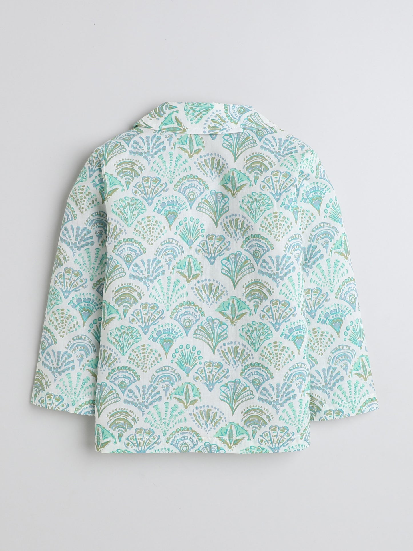 Full Sleeves Leaf Printed Cotton Lounge Wear Night Suit Set For Kids Blue