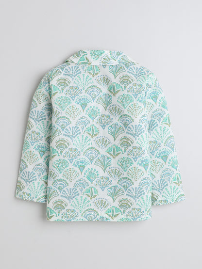 Full Sleeves Leaf Printed Cotton Lounge Wear Night Suit Set For Kids Blue