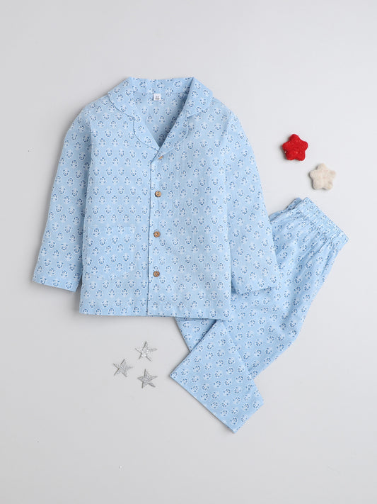 Full Sleeves Floral Printed Cotton Lounge Wear Night Suit Set For Kids Sky Blue