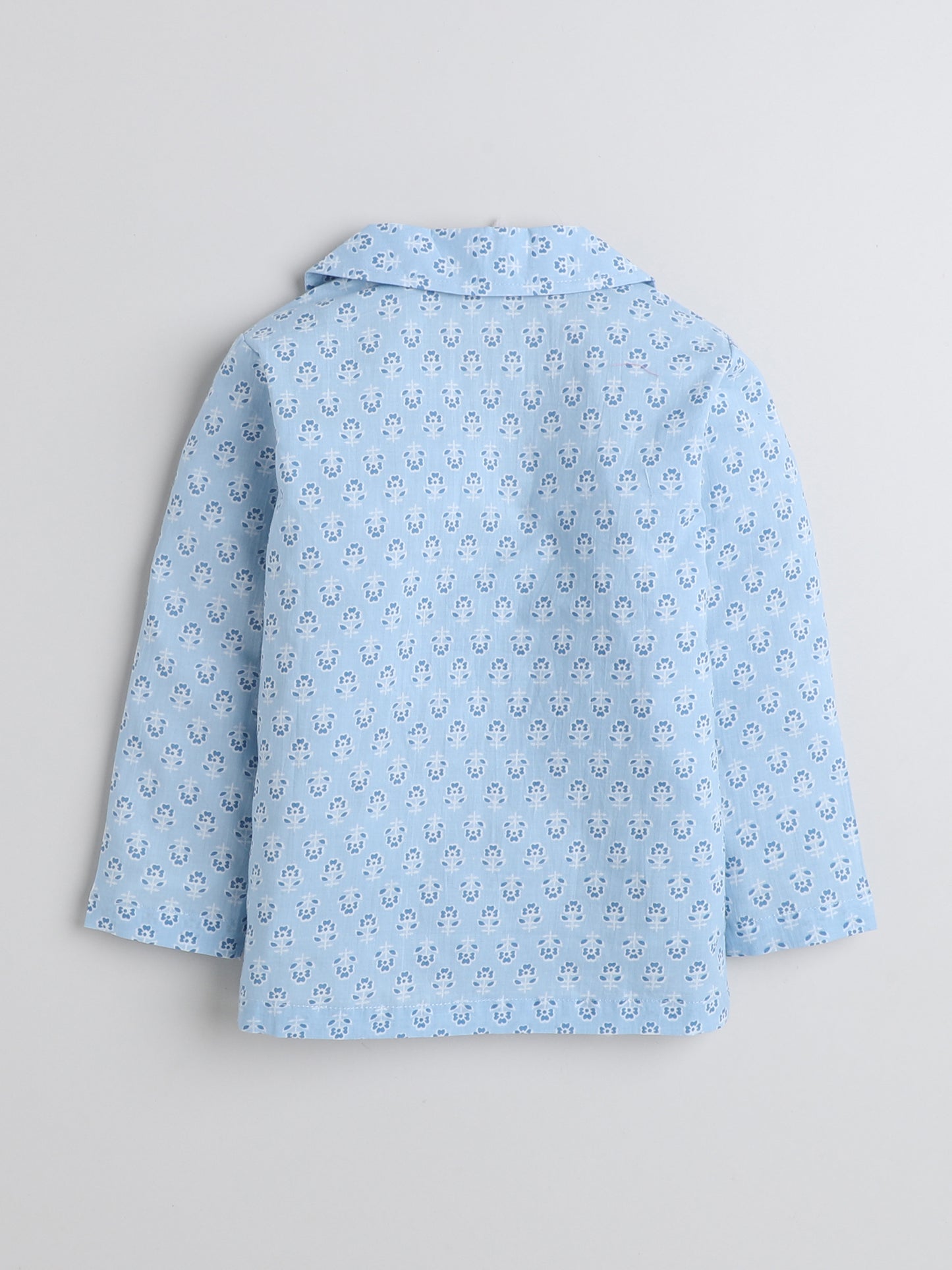 Full Sleeves Floral Printed Cotton Lounge Wear Night Suit Set For Kids Sky Blue