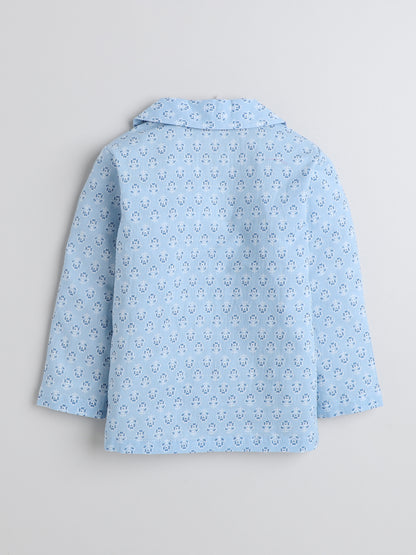 Full Sleeves Floral Printed Cotton Lounge Wear Night Suit Set For Kids Sky Blue