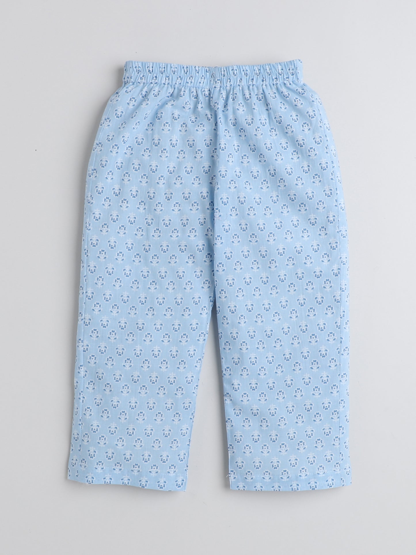 Full Sleeves Floral Printed Cotton Lounge Wear Night Suit Set For Kids Sky Blue