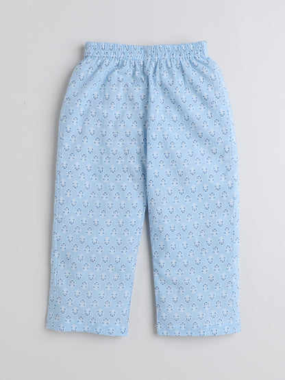 Full Sleeves Floral Printed Cotton Lounge Wear Night Suit Set For Kids Sky Blue