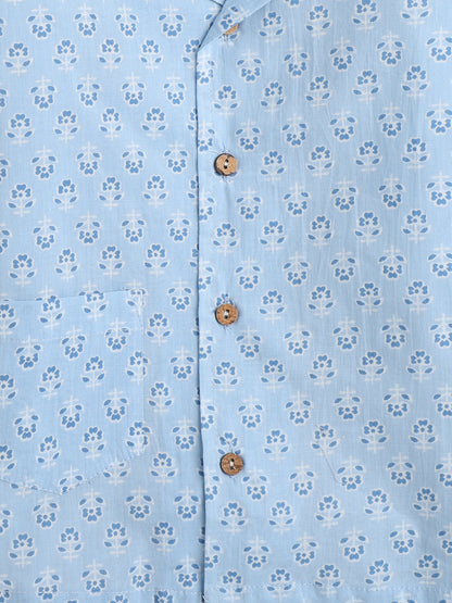 Full Sleeves Floral Printed Cotton Lounge Wear Night Suit Set For Kids Sky Blue