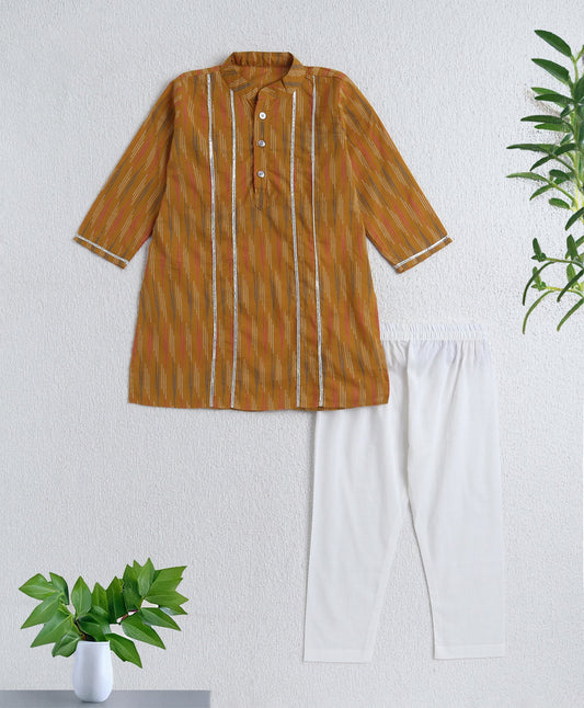 Cotton Woven Full Sleeves Stripe Detailed Kurta with Pyjama Set - Mustard