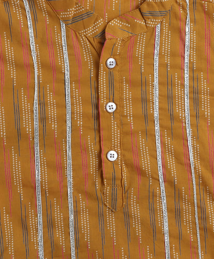 Cotton Woven Full Sleeves Stripe Detailed Kurta with Pyjama Set - Mustard