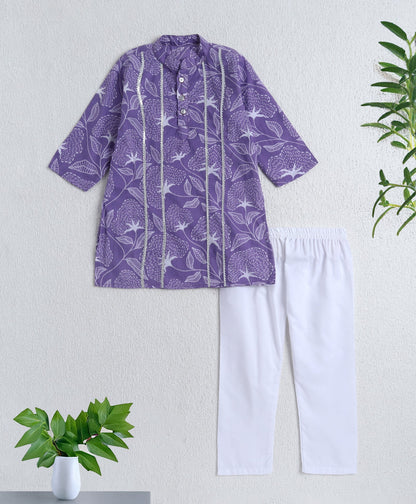 Cotton Woven Full Sleeves Stripe Detailed Kurta with Pyjama Set - Lavender