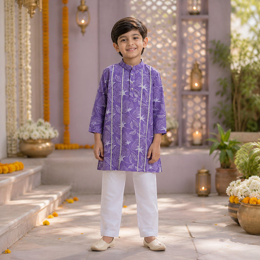 Cotton Woven Full Sleeves Stripe Detailed Kurta with Pyjama Set - Lavender