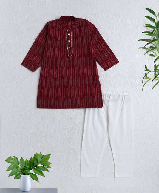 Cotton Woven Full Sleeves Printed Kurta with Pyjama Set- Maroon