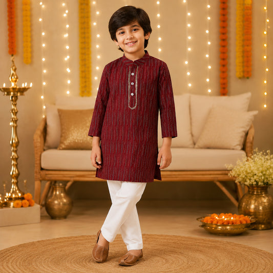 Cotton Woven Full Sleeves Printed Kurta with Pyjama Set - Maroon