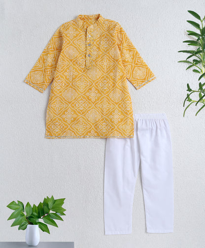 The Magic Wand Cotton Woven Full Sleeves Bandhani Printed Kurta Pyjama Set- Yellow