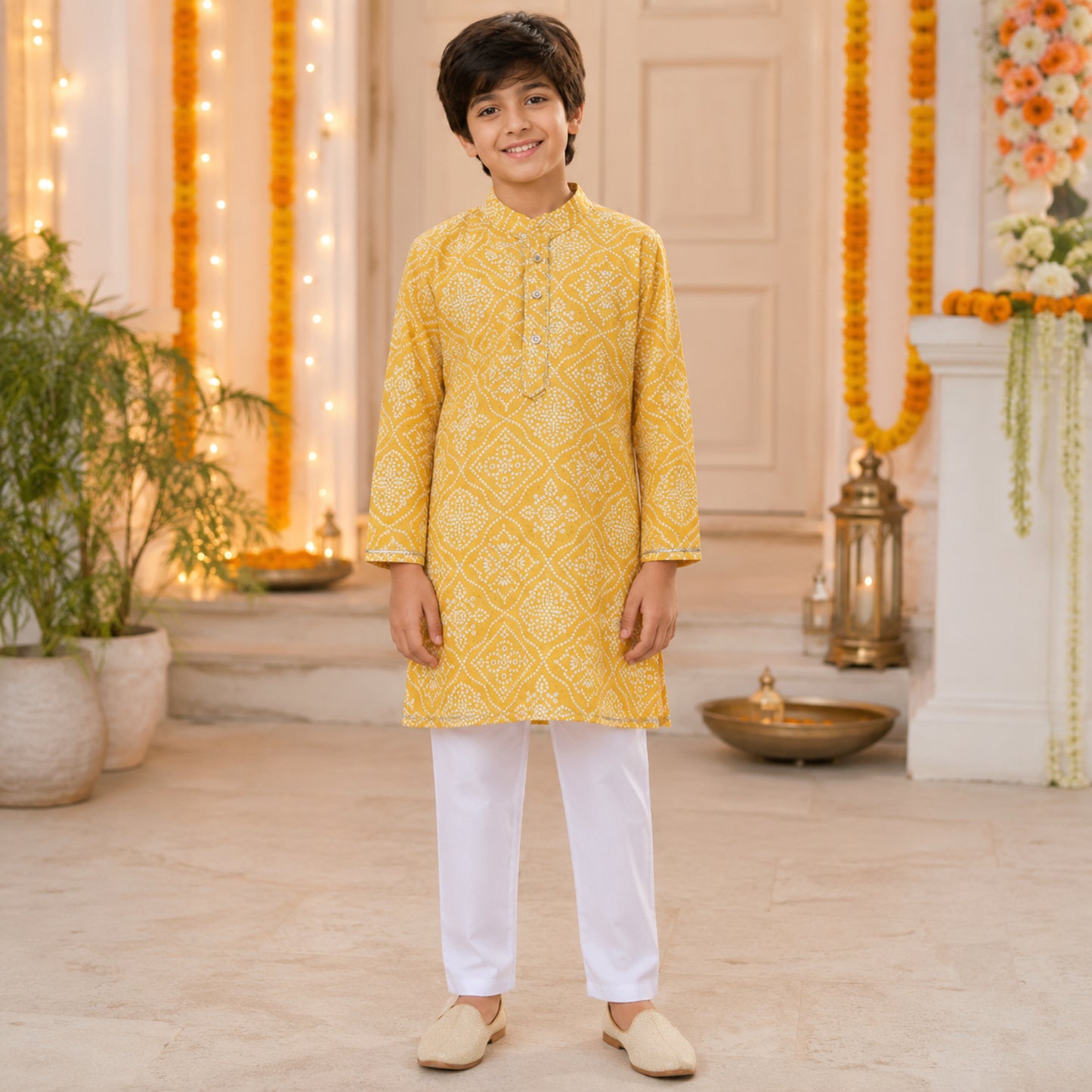 The Magic Wand Cotton Woven Full Sleeves Bandhani Printed Kurta Pyjama Set- Yellow