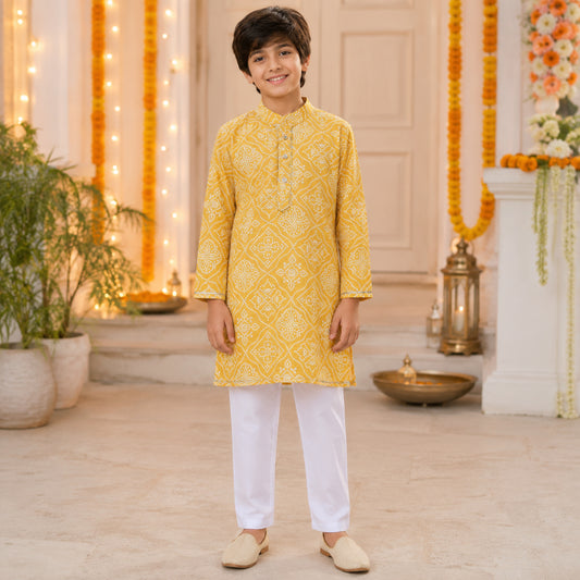 The Magic Wand Cotton Woven Full Sleeves Bandhani Printed Kurta And Pyjama Set- Yellow