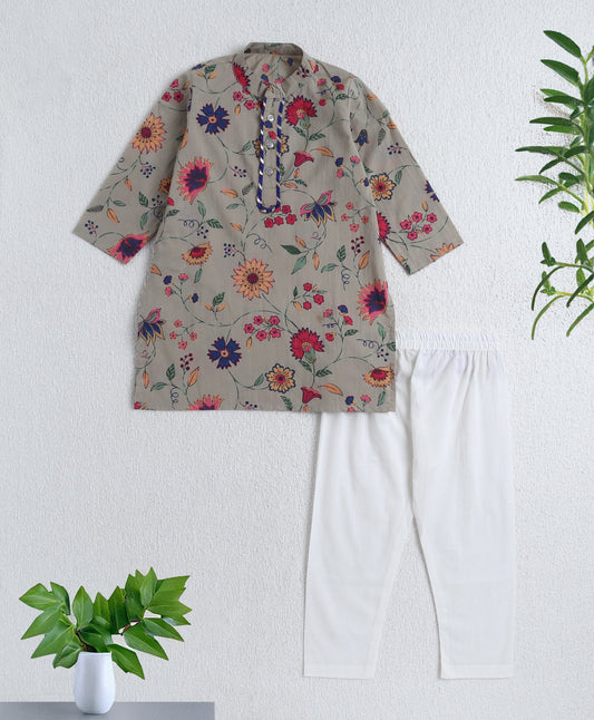 Cotton Woven Full Sleeves Floral Printed Kurta with Pyjama Set- Grey