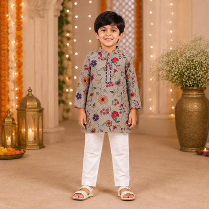 Cotton Woven Full Sleeves Floral Printed Kurta with Pyjama Set - Grey