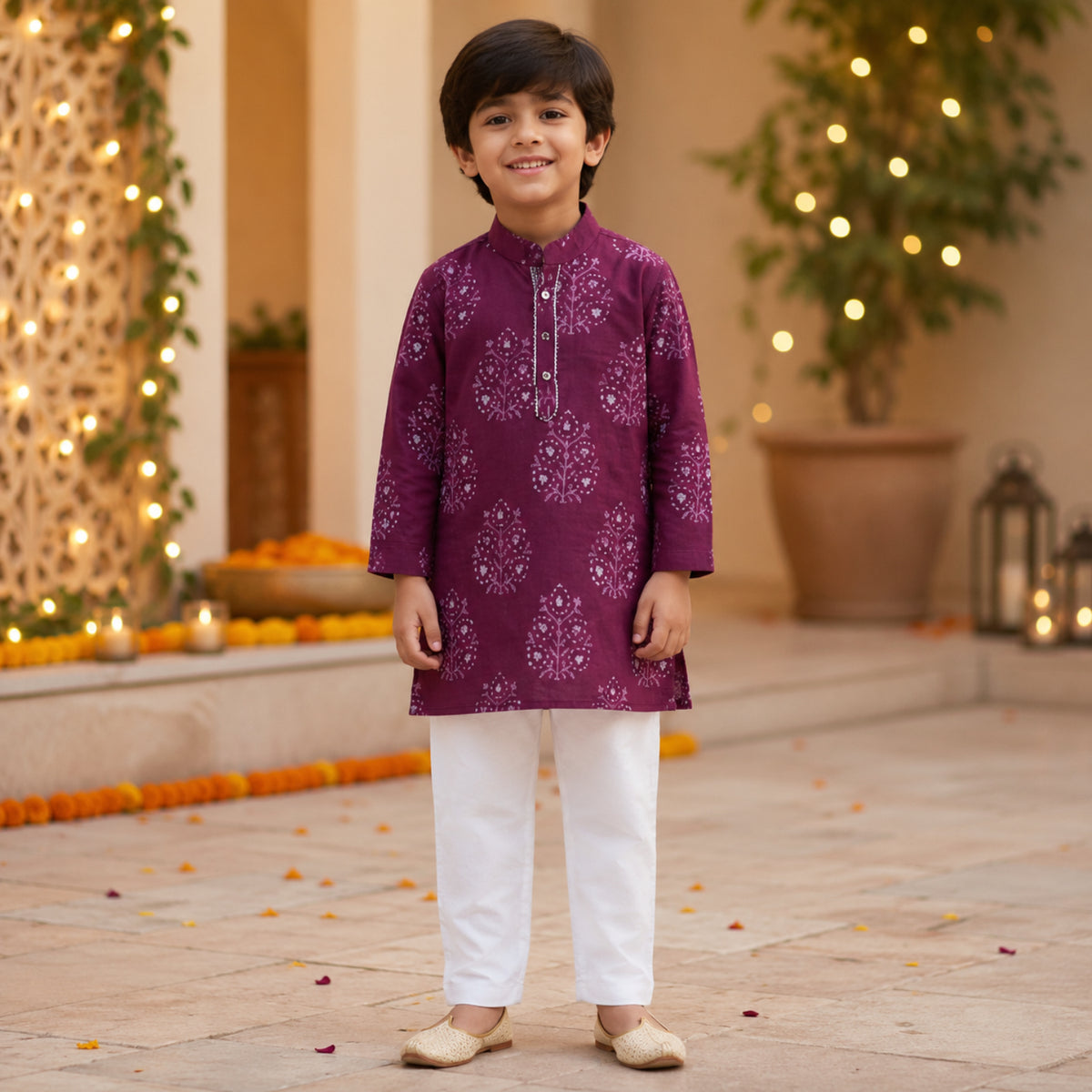 Cotton Woven Full Sleeves Printed Detailed Kurta with Pyjama Set - Wine