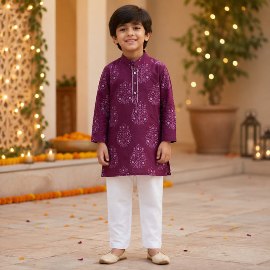 Cotton Woven Full Sleeves Printed Detailed Kurta with Pyjama Set - Wine