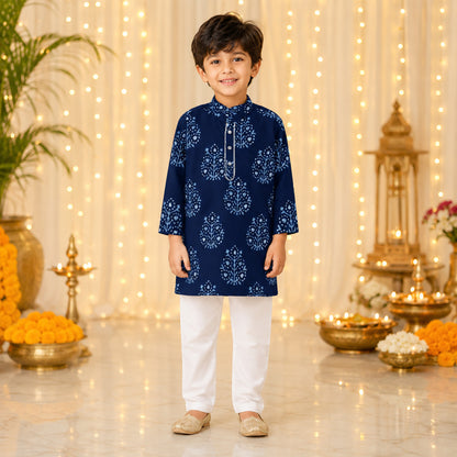 Cotton Woven Full Sleeves Floral Printed Kurta with Pyjama Set - Navy Blue
